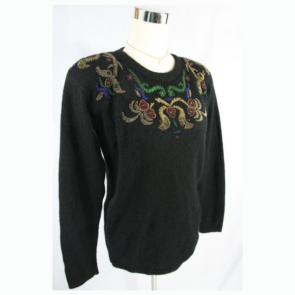 Vintage Silk Angora Wool Fancy Floral Beaded Sweater Black Segue 1980's - Med - Picture 2 of 6